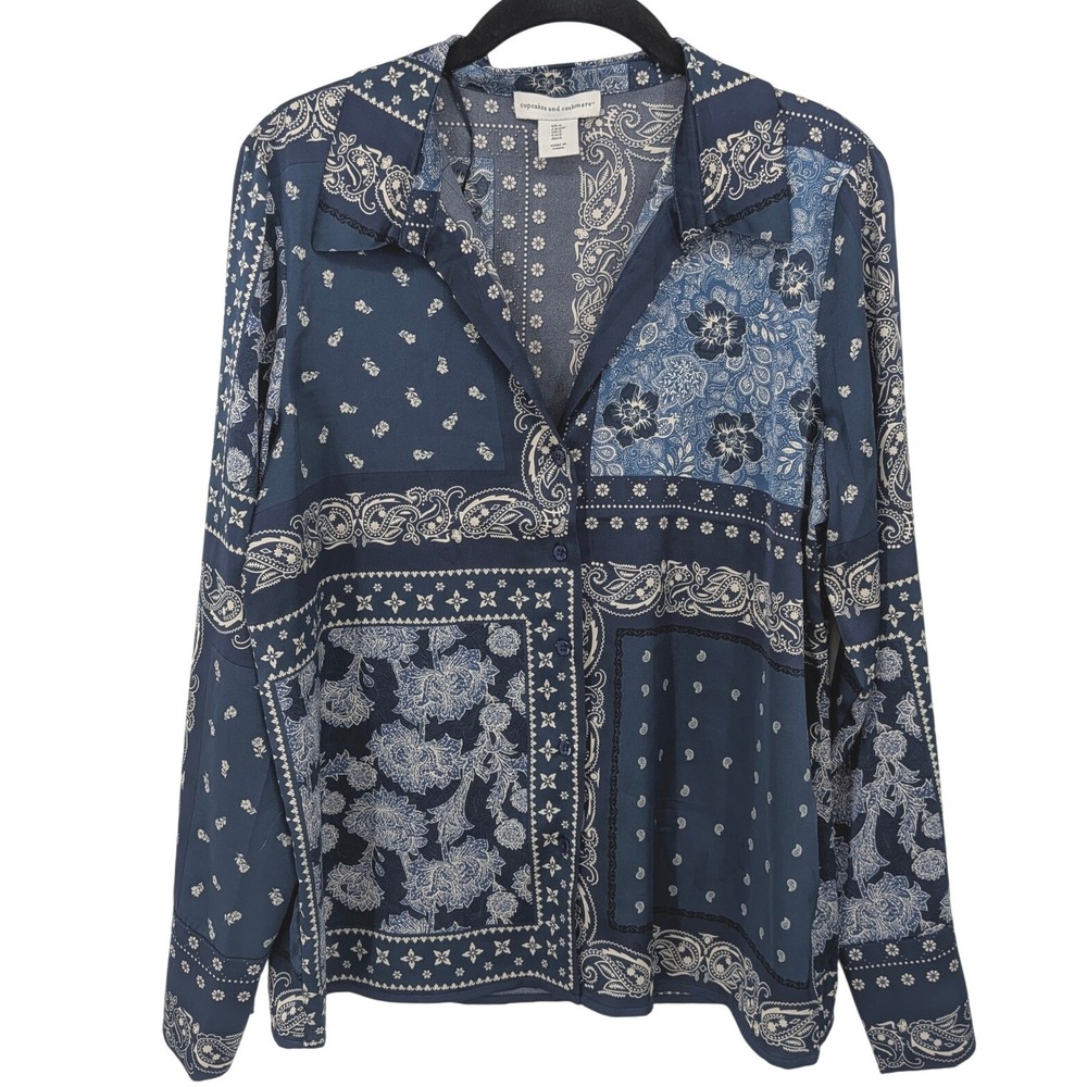Cupcakes and Cashmere Bandana Patchwork Button Down Top Women Small Blue Satin